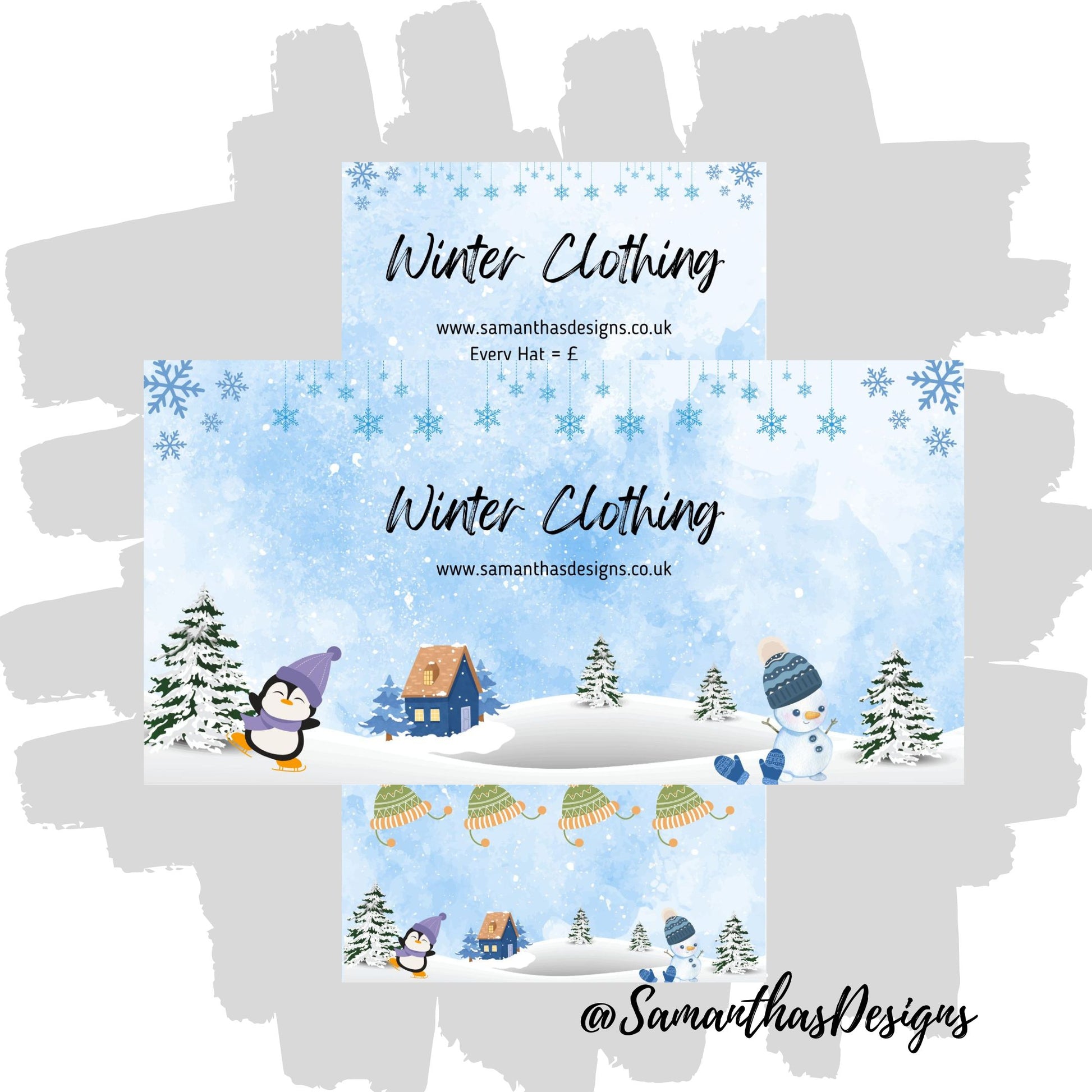 Winter Clothing Savings Tracker is on a winter themed background with blue skies, snowflakes, snow hills, houses and penguins with winter hat illustrations to score off as you save