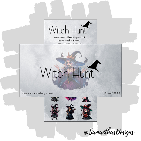 Witch Hunt Savings Tracker - saves £120 in £10 dominations - marble grey background with witch illustrations