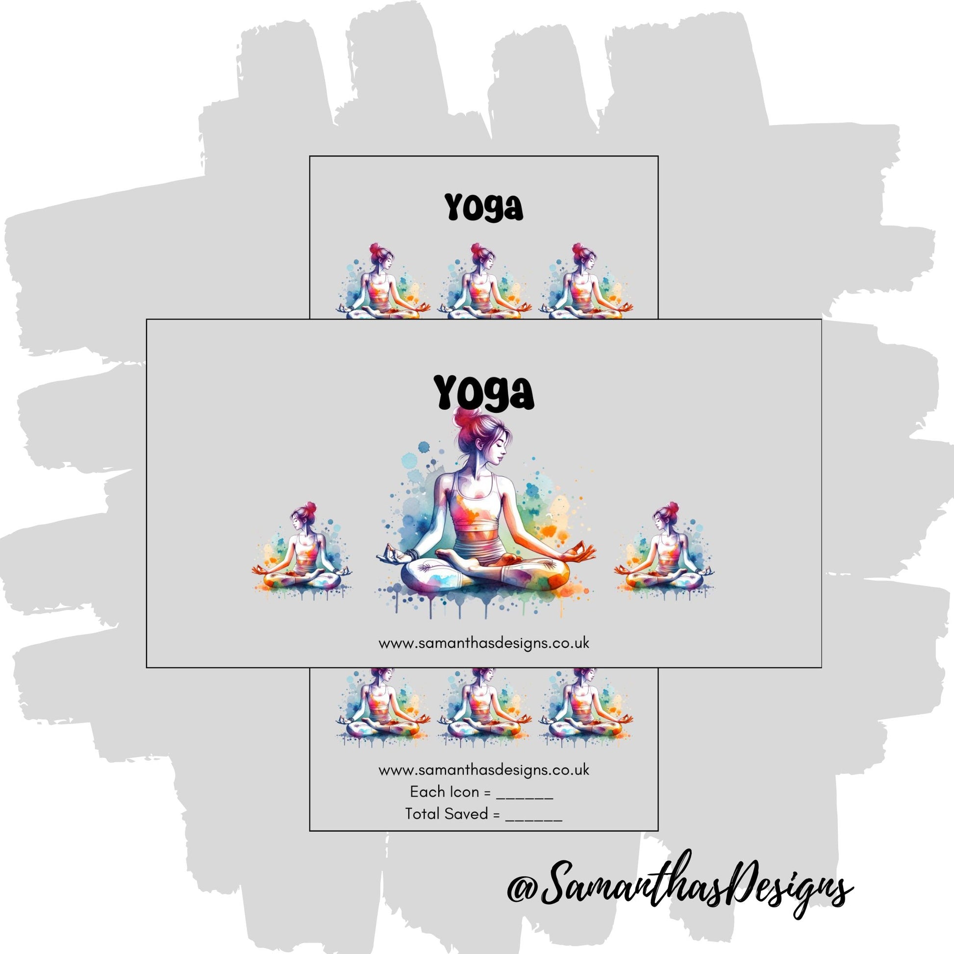 Yoga Savings Tracker with a grey background and colourful woman meditating illustrations