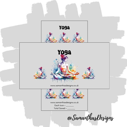 Yoga Savings Tracker with a grey background and colourful woman meditating illustrations