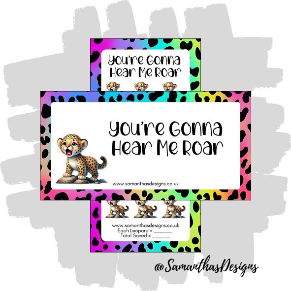 You're Gonna Hear Me Roar Savings Tracker is on a white background with a neon leopard print border and illustrations of a leopard cub stood on a rock roaring