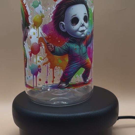 video of Clear plastic tumbler with a colorful michael myers design 