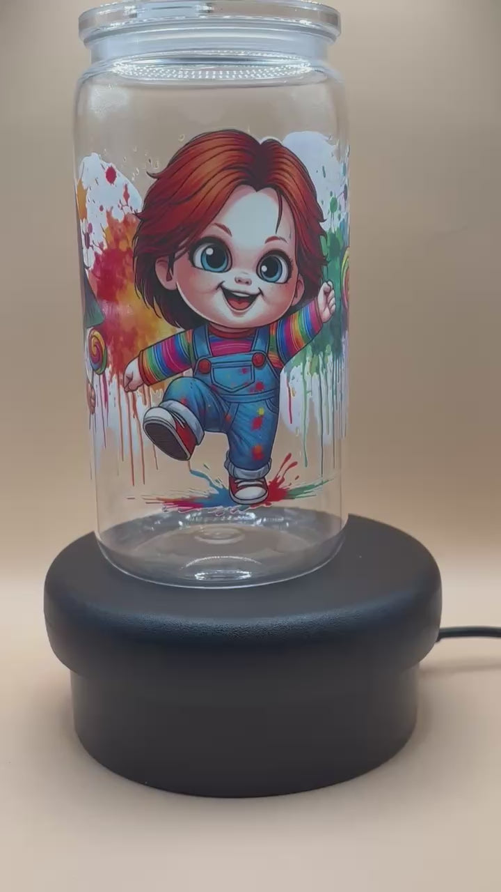 Video of Plastic Tumbler with colourful illustrations of Chucky