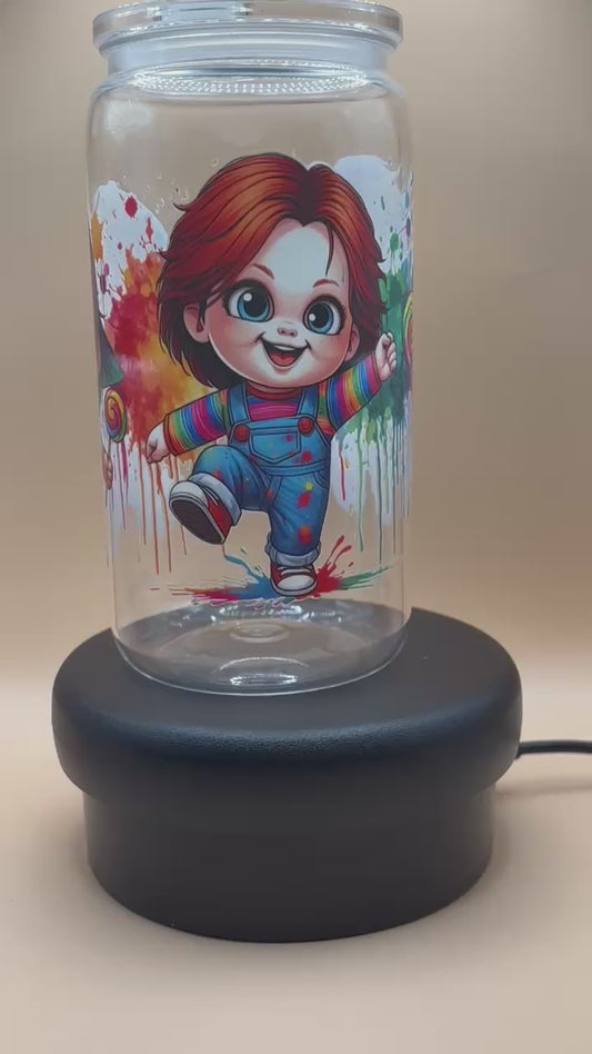 Video of Plastic Tumbler with colourful illustrations of Chucky